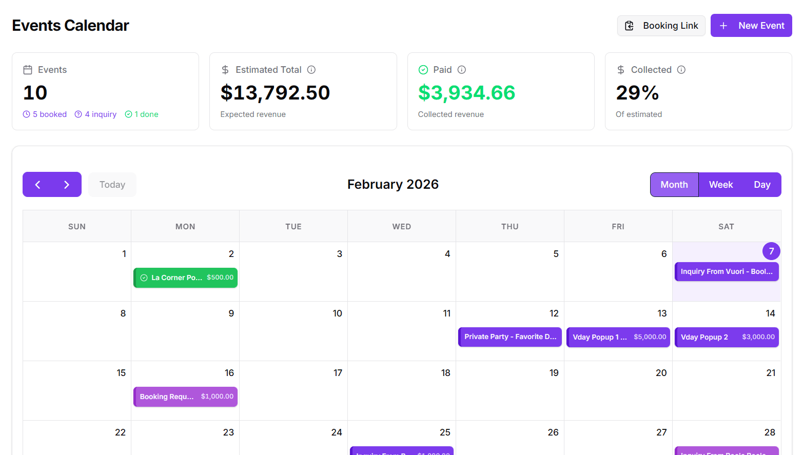 PopUp BackOffice calendar and event management dashboard