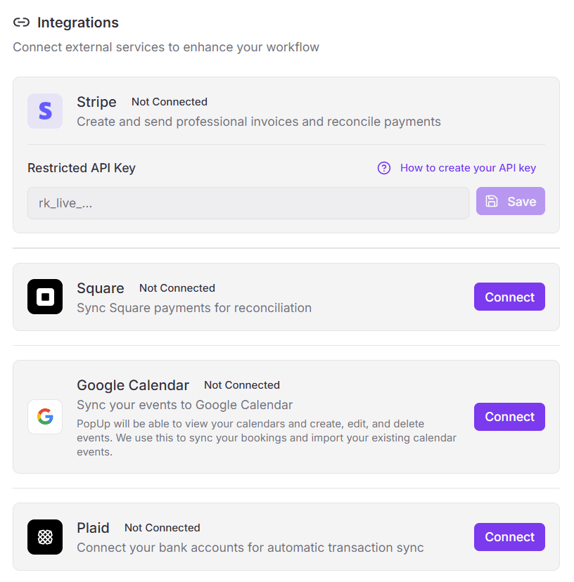 Stripe, Square, Google Calendar, and Plaid integrations