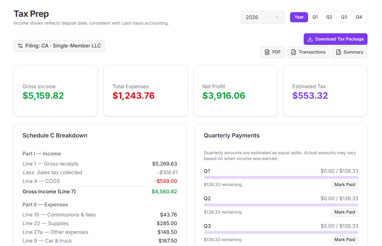 PopUp tax prep dashboard with Schedule C breakdown and quarterly estimates